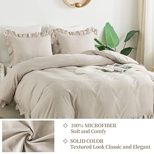 Andency Khaki Duvet Cover Full(79x90Inch), 3 Pieces(1 Ruffled Duvet Cover and 2 Pillowcases) Farmhouse Shabby Chic Duvet Cover, Soft Microfiber Duvet Cover Set with Zipper Closure & Corner Ties