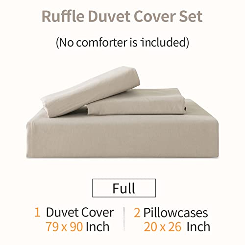 Andency Khaki Duvet Cover Full(79x90Inch), 3 Pieces(1 Ruffled Duvet Cover and 2 Pillowcases) Farmhouse Shabby Chic Duvet Cover, Soft Microfiber Duvet Cover Set with Zipper Closure & Corner Ties