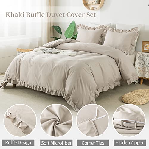 Andency Khaki Duvet Cover Full(79x90Inch), 3 Pieces(1 Ruffled Duvet Cover and 2 Pillowcases) Farmhouse Shabby Chic Duvet Cover, Soft Microfiber Duvet Cover Set with Zipper Closure & Corner Ties
