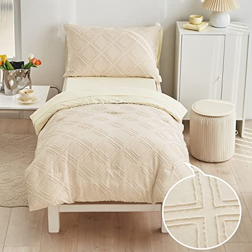 4 Pieces Tufted Toddler Bedding Set Solid Beige Jacquard Tufts, Soft and Embroidery Shabby Chic Boho Bohemian Design for Baby Boys n Girls, Includes Comforter, Flat Sheet, Fitted Sheet and Pillowcase