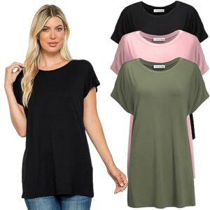 free to live 3 pack womens long, loose fitting tunic tops with short kimono sleeves (xx-large, black, olive, rose)