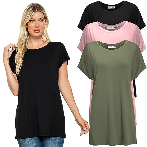 Free to Live 3 Pack Womens Long, Loose Fitting Tunic Tops with Short Kimono Sleeves (XX-Large, Black, Olive, Rose)