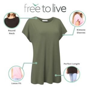 Free to Live 3 Pack Womens Long, Loose Fitting Tunic Tops with Short Kimono Sleeves (XX-Large, Black, Olive, Rose)