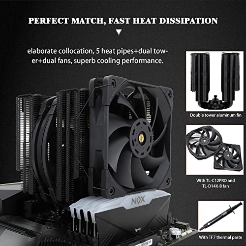 Thermalright FC140 Black CPU Air Cooler,Dual Tower 5 Heat Pipe,TL-D14X-B and TL-C12PRO-B PWM Fan,Aluminium Heatsink Cover, AGHP Technology, for AMD AM4/AM5/Intel LGA 1150/1151/1155/1156/1200/2011/1700