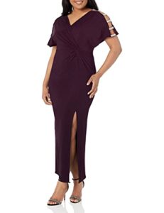 alex evenings women's long knot front dress with embellished short sleeve, eggplant, 12