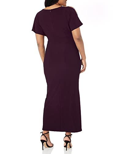 Alex Evenings Women's Long Knot Front Dress with Embellished Short Sleeve, Eggplant, 12