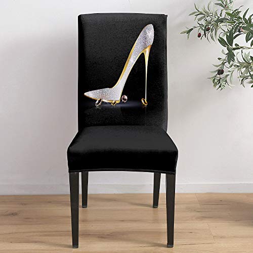 Stretch Dining Chair Covers, Sexy Diamond High Heels White Golden Black Removable Dining Chair Protector Slipcovers for Kitchen, Party, Restaurant, Set of 8