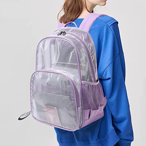 Mygreen Clear Transparent PVC School Backpack, Heavy Duty Clear Backpack with Laptop Compartment for Work, Security, Sporting Events (Purple, Large)
