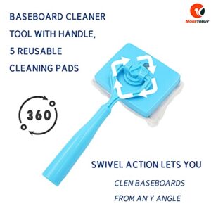 Baseboard Cleaner Tool with Handle 5 Reusable Cleaning Pads by No-Bending Mop Baseboard Cleaner Tool Long Handle Adjustable Baseboard Molding Tool for Bathroom Microfiber Cleaning