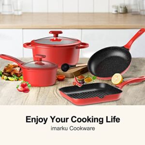 Pots and Pans Set, imarku 16-Piece Cookware Sets Nonstick Granite Coating, Induction Kitchen Cookware Easy to Clean, Cooking Pot Pan Set with Stay-Cool Handle, Kitchen Gadgets 2023 Red