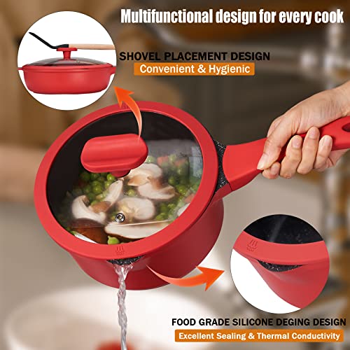 Pots and Pans Set, imarku 16-Piece Cookware Sets Nonstick Granite Coating, Induction Kitchen Cookware Easy to Clean, Cooking Pot Pan Set with Stay-Cool Handle, Kitchen Gadgets 2023 Red