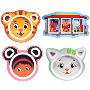 daniel tiger mealtime feeding plates - set of 4, cute dishes for kids w/ daniel tiger, trolley, katerina kitty cat & elaina - divided compartments for portion control & healthy eating, dishwasher safe