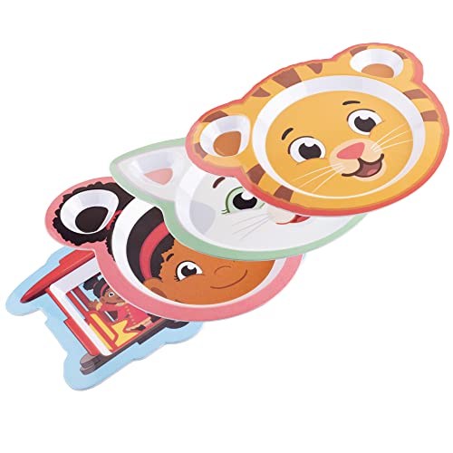 Daniel Tiger Mealtime Feeding Plates - Set of 4, Cute Dishes for Kids w/ Daniel Tiger, Trolley, Katerina Kitty Cat & Elaina - Divided Compartments for Portion Control & Healthy Eating, Dishwasher Safe