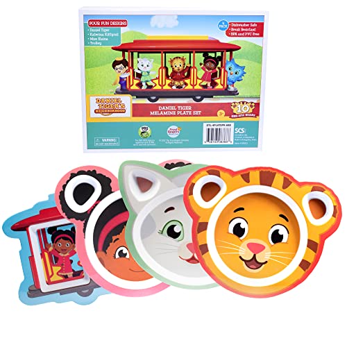 Daniel Tiger Mealtime Feeding Plates - Set of 4, Cute Dishes for Kids w/ Daniel Tiger, Trolley, Katerina Kitty Cat & Elaina - Divided Compartments for Portion Control & Healthy Eating, Dishwasher Safe