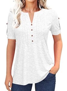 women's fashion summer pleated button short sleeve t-shirt summer v-neck solid color casual tunic top white