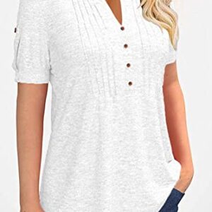 Women's fashion summer pleated button short sleeve T-shirt summer V-neck solid color casual Tunic top White