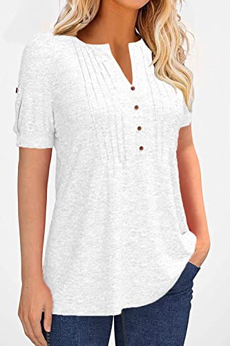 Women's fashion summer pleated button short sleeve T-shirt summer V-neck solid color casual Tunic top White