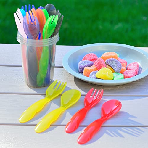 Youngever 18 Pcs Plastic Toddler Utensils, Plastic Kids Forks Kids Spoons, Large Size, Top Dishwasher Safe, Set of 9 in 9 Rainbow Colors