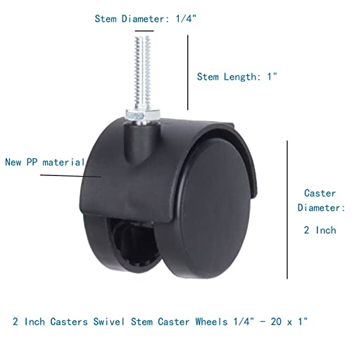 2 Inch Casters Swivel Stem Caster Wheel 1/4" - 20 x 1" New PP Furniture Shelving Casters Replacement Castors with Brakes (with Brake-Black)