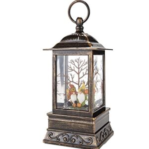 Lighted Harvest Lantern with Gnome Motif and Swirling Faux Snow