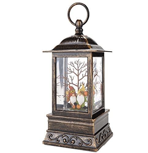 Lighted Harvest Lantern with Gnome Motif and Swirling Faux Snow