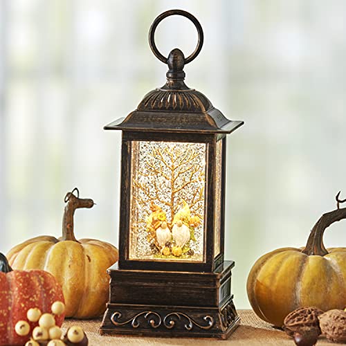 Lighted Harvest Lantern with Gnome Motif and Swirling Faux Snow