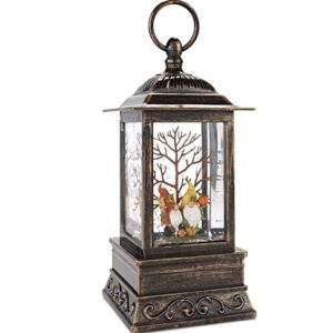 Lighted Harvest Lantern with Gnome Motif and Swirling Faux Snow