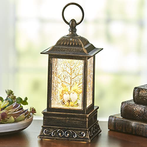 Lighted Harvest Lantern with Gnome Motif and Swirling Faux Snow