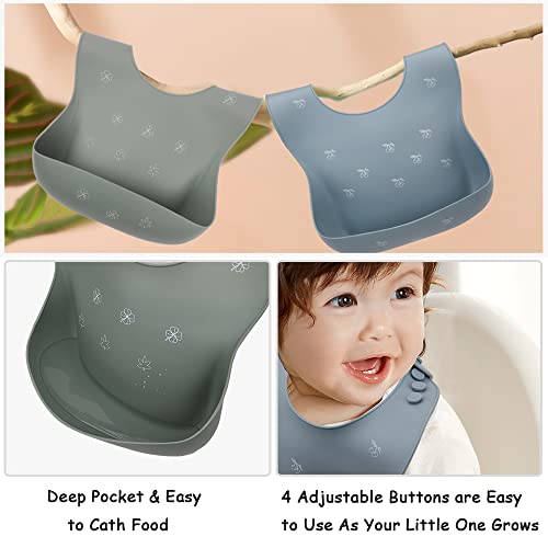 Baby Bowl Plate Bib Spoon Set, Strong Suction Silicone Toddler Self Feeding Set