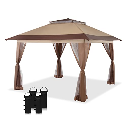 CROWN SHADES 13X13 Outdoor Pop Up Gazebo Base 10X10 Patio Gazebos Patented Center Lock Quick Setup Newly Designed Storage Bag Instant Canopy Tent with Mosquito Nettings (13x13, Beige & Coffee)