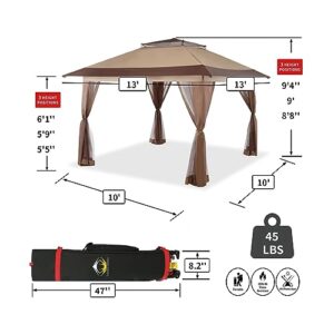 CROWN SHADES 13X13 Outdoor Pop Up Gazebo Base 10X10 Patio Gazebos Patented Center Lock Quick Setup Newly Designed Storage Bag Instant Canopy Tent with Mosquito Nettings (13x13, Beige & Coffee)