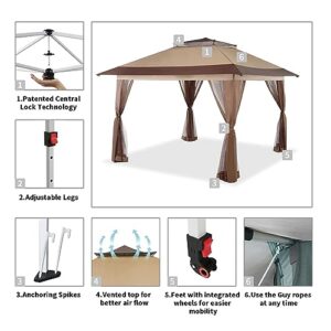 CROWN SHADES 13X13 Outdoor Pop Up Gazebo Base 10X10 Patio Gazebos Patented Center Lock Quick Setup Newly Designed Storage Bag Instant Canopy Tent with Mosquito Nettings (13x13, Beige & Coffee)