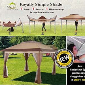 CROWN SHADES 13X13 Outdoor Pop Up Gazebo Base 10X10 Patio Gazebos Patented Center Lock Quick Setup Newly Designed Storage Bag Instant Canopy Tent with Mosquito Nettings (13x13, Beige & Coffee)