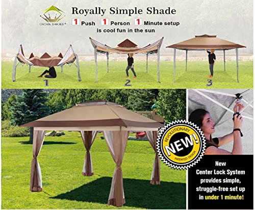 CROWN SHADES 13X13 Outdoor Pop Up Gazebo Base 10X10 Patio Gazebos Patented Center Lock Quick Setup Newly Designed Storage Bag Instant Canopy Tent with Mosquito Nettings (13x13, Beige & Coffee)