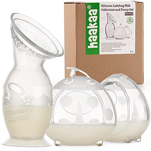 haakaa Silicone Breast Pump 150ml with Suction Base & Ladybugs Breast Milk Collector 75ml Combo,Silicone Breast Milk Catcher,Silicone Breast Shells & Nipple Therapy,Must Have for Breastfeeding