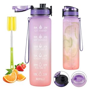 kanglesdip 32 oz large water bottle with motivational time marker & removable strainer,fast flow bpa free for fitness, gym and outdoor sports (purple/orange)