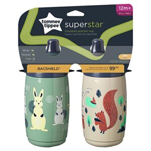 Tommee Tippee Superstar Insulated Sportee Toddler Water Bottle, (9oz, 12+ Months, 2 Count), Green and Warm Gray
