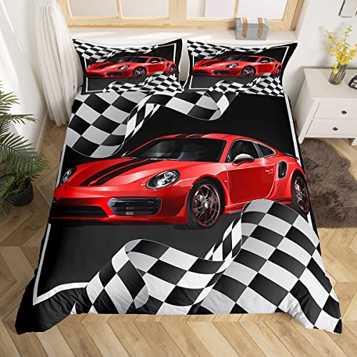 Manfei Red Race Car Duvet Cover Set King Size Black and White Grid Bedding Set 3pcs for Kids Teens Room Decor,Black Extreme Sport Comforter Cover Soft Breathable Quilt Cover with 2 Pillowcases