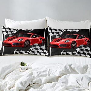 Manfei Red Race Car Duvet Cover Set King Size Black and White Grid Bedding Set 3pcs for Kids Teens Room Decor,Black Extreme Sport Comforter Cover Soft Breathable Quilt Cover with 2 Pillowcases