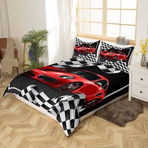 Manfei Red Race Car Duvet Cover Set King Size Black and White Grid Bedding Set 3pcs for Kids Teens Room Decor,Black Extreme Sport Comforter Cover Soft Breathable Quilt Cover with 2 Pillowcases