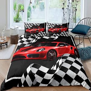 Manfei Red Race Car Duvet Cover Set King Size Black and White Grid Bedding Set 3pcs for Kids Teens Room Decor,Black Extreme Sport Comforter Cover Soft Breathable Quilt Cover with 2 Pillowcases