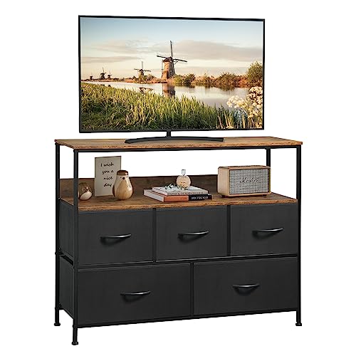 AMISEN Dresser Drawers TV Stand, Entertainment Center with Shelves, Storage Console Table with 5 Fabric Drawers for Bedroom, Living Room, Entryway, Hallway, Black