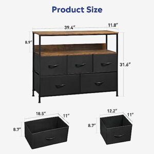 AMISEN Dresser Drawers TV Stand, Entertainment Center with Shelves, Storage Console Table with 5 Fabric Drawers for Bedroom, Living Room, Entryway, Hallway, Black