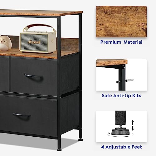 AMISEN Dresser Drawers TV Stand, Entertainment Center with Shelves, Storage Console Table with 5 Fabric Drawers for Bedroom, Living Room, Entryway, Hallway, Black