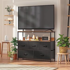 AMISEN Dresser Drawers TV Stand, Entertainment Center with Shelves, Storage Console Table with 5 Fabric Drawers for Bedroom, Living Room, Entryway, Hallway, Black