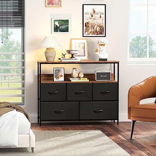 AMISEN Dresser Drawers TV Stand, Entertainment Center with Shelves, Storage Console Table with 5 Fabric Drawers for Bedroom, Living Room, Entryway, Hallway, Black