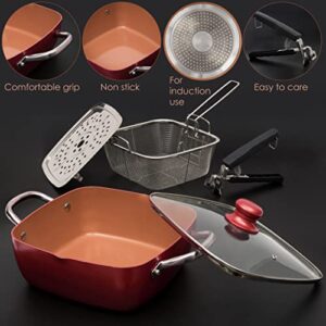 Moss & Stone Copper 5 Piece Set Chef Cookware, Non Stick Pan, Deep Square Pan, Fry Basket, Steamer Tray, Dishwasher & Oven Safe, 5 Quart Copper Pot Set, Red Induction Cookware Set