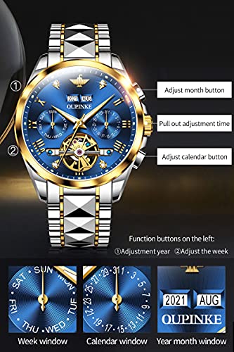 OUPINKE Mens Automatic Watches Diamond Skeleton Self Winding Luxury Dress Wrist Watch Sapphire Crystal Tungsten Steel Luminous Waterproof