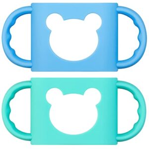 baby bottle handles, durable food grade silicone transitional sippy cup handle grip for wide-neck baby bottles, cute bear design, pack of 2, blue & turquoise