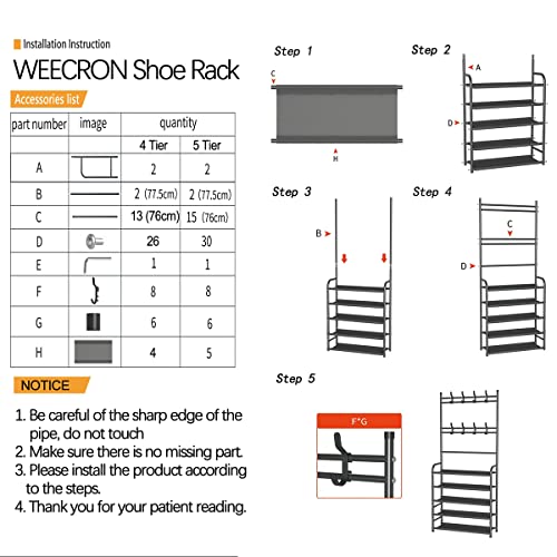 WEECRON Entryway Shoe Rack 4 Tier Shoe Shelf Storage Organizer with Hooks for Bedroom Closet, Black